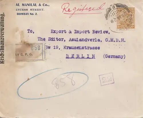 India 1922 réist. Bombay-Berlin, opened Reichsfinanzverwaltung, Postsichtung