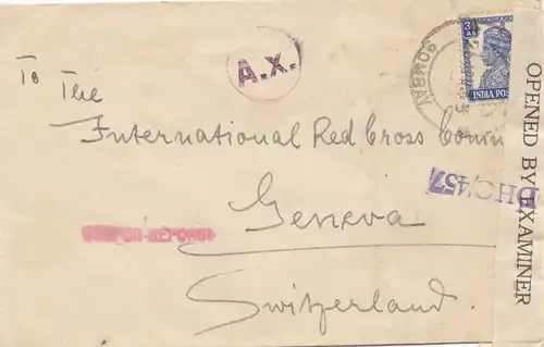 India 1943: Bobmay to Geneva/Red Cross, censor
