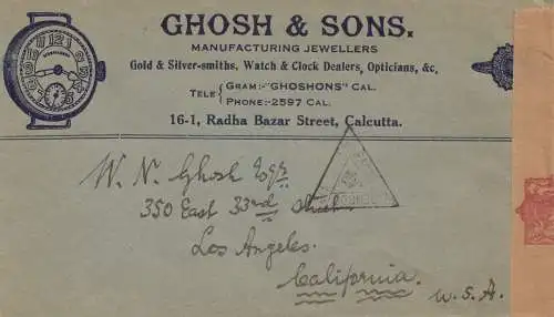 India 1940: letter Calcutta to Los Angeles, censor