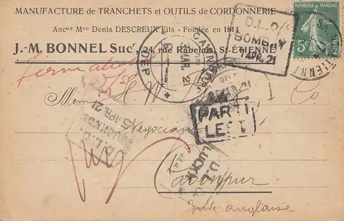 India: 1921: St. Etienne/France post card to Cawnpur