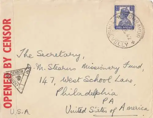 India: 1942: letter Ohnavur to Philadephia, censor