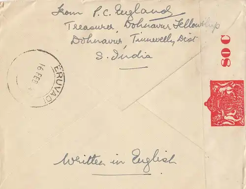 India: 1942: letter Ohnavur to Philadephia, censor