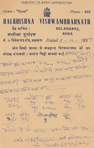 India: 1957: post card Belanganj, Agra