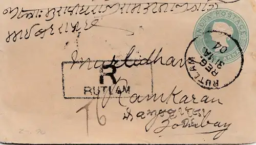 India 1904: Registered Rutlam to Ramkaran