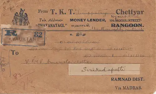 India 1939: Registered Kyauktan to Ramnad Dist.