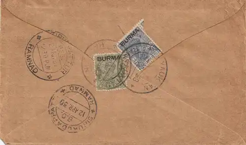 India 1939: Registered Kyauktan to Ramnad Dist.