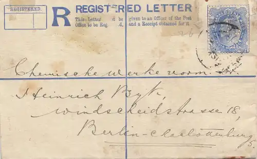India 1912: Registered letter to Berlin, Perfin
