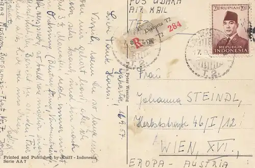Indonesia: 1957 post card registered Djakarta to Wien