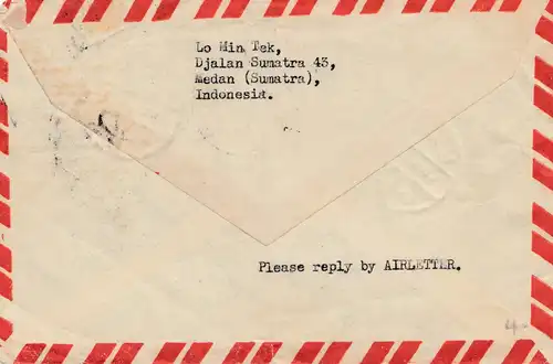 Indonesia: 1958: air mail Medan/Sumatra to Philadelphie