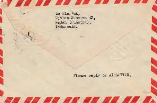 Indonesia: 1958: air mail Medan/Sumatra to Philadelphie
