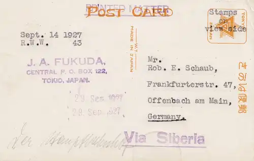 Japan 1927: post card Tokyo Station to Offenbach