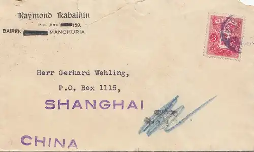 Japon cover Dairen/Manchuria to Shanghai - Chine, Tax