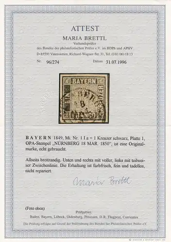 Bavière: MiNr. 1 Ia noir, plaque 1, cacheté Nuremberg, BPP Attest