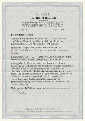 Fredersdorf bei Berlin, MiNr. Sp 170 F, auf Karte, 18.10.45, BPP Attest
