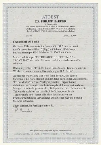 Fredersdorf bei Berlin, Minr. Sp 170 F, sur carte, 18.10.45, BPP Attest