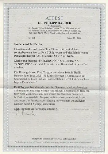 Fredersdorf bei Berlin, Minr. Sp 247, sur la carte 27.11.45, BPP Attest