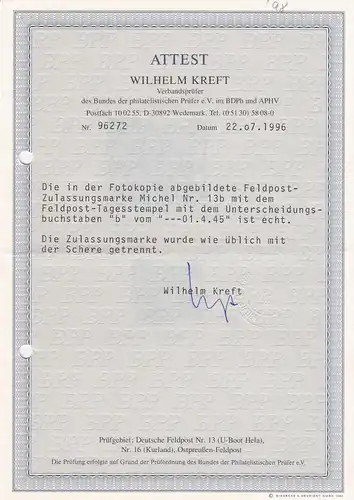 Feldpost: MiNr. 13b, gestempelt 1.4.45, BPP Attest