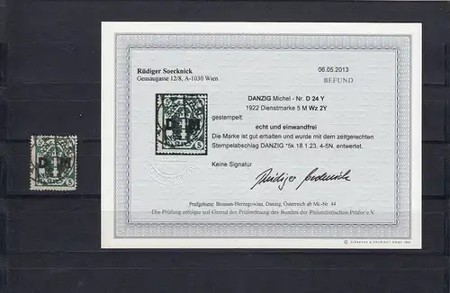 Danzig: MiNr. D 24 Y, gestempelt 18.1.23, BPP Befund