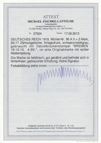 DR: MiNr. 96 A II, gestempelt Bremen 1919, BPP Attest