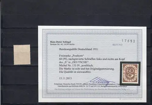 Bund: MiNr. 135 IV, post-frais avec erreur de plaque, résultat BPP