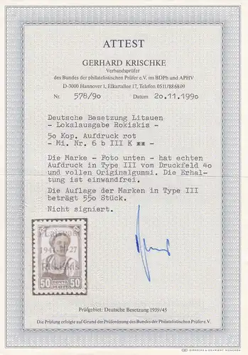 Lituanie: MiNr. 6b Impression Type III K, post-fraîchissement, BPP Attest