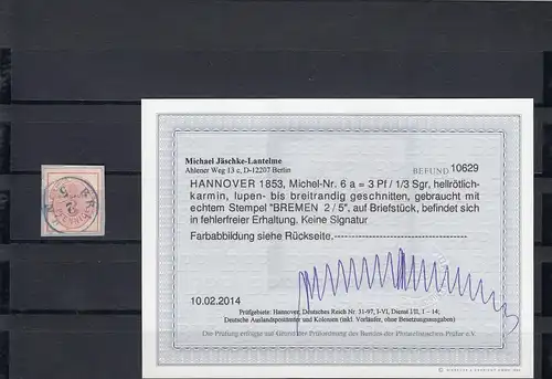 Hannover, MiNr. 6a, gestempelt Bremen, BPP Befund