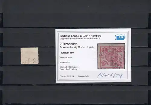 Braunschweig: MiNr. 16, gestempelt, BPP Befund