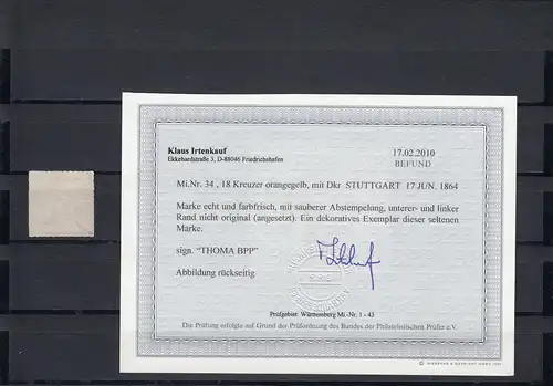 Wurtemberg Min. 34, cacheté Stuttgart, BPP résultat