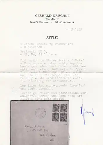 France-Dunkirchen, numéro 11 I K o, 4 blocs sur lettre, Käppsteher
