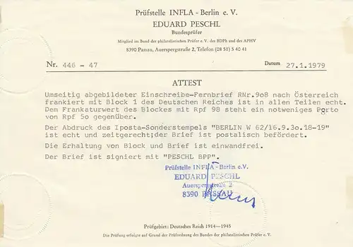 DR: lettre recommandée Bloc 1 - Iposta - Tampon spécial, en Autriche, BPP Attest