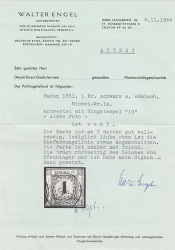 Baden: MiNr. 1a, gestempelt Ringstempel 19, altes BPP Attest