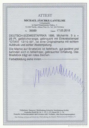 DSWA: Min. 9a, cacheté sur le porte-lettre Otavi, BPP Attest