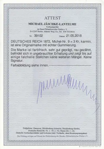 DR: MiNr. 9, winzige Anhaftungen, sonst Luxus, BPP Attest