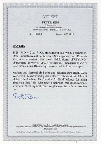 Bavière: Min. 21a, Lettre Freyung sur Marseille à Rome, BPP Attest