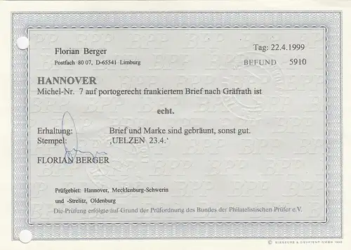 Hannover: MiNr. 7 auf portogerechtem Brief Uelzen nach Gräfrath, BPP Befund