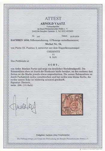 Saxe: Min. 1b, Platte III, position 3, stampt Chemnitz, BPP Attest