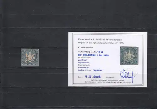 Württemberg: MiNr. 10a, gestempelt Heilbronn, BPP Befund