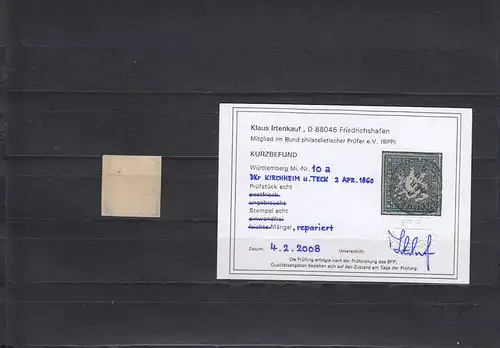 Württemberg: MiNr. 10a, gestempelt Kirchheim Teck, BPP Befund