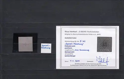 Württemberg: MiNr. 5, ohne Gummi, Sperati-Fälschung, BPP Befund