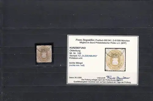 Oldenburg: MiNr. 19B, gestempelt, BPP Befund