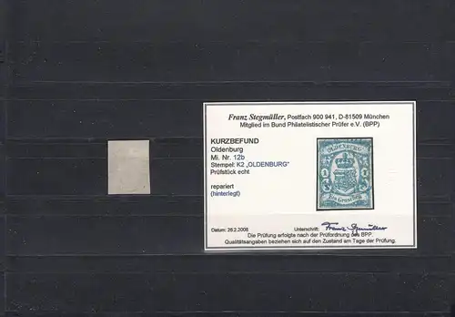 Oldenburg: MiNr. 12B, gestempelt, BPP Befund