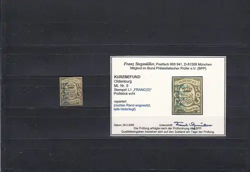 Oldenburg: MiN° 8, cacheté Franco, BPP résultat