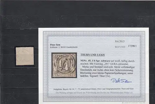 Thurn et taxis, Mi Nr. 45, cacheté quatre anneaux 291 -Gera, BPP résultat