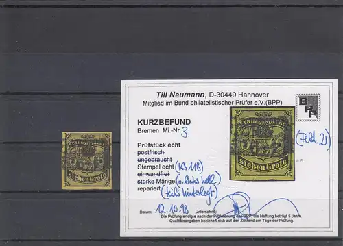 Bremen: MiNr. 3, gestempelt, BPP Befund