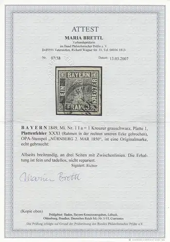 Bayern MiNr. 1 Ia, Platte 1, Plattenfehler XXXI, gestempelt Nürnberg, BPP Attest