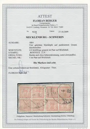 Mecklenburg-Schwerin: MiNr. 4 im Paar auf Briefstück, gestempelt, BPP Attest