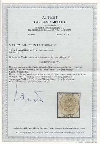 Schleswig-Holstein: Lauenburg Minr. 12, cacheté Altona, BPP Attest