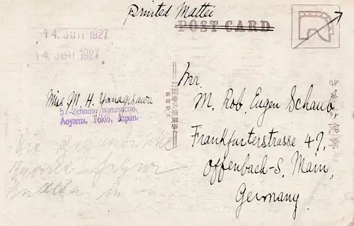 Japan 1927: post card Aoyama Tokyo to Offenbach