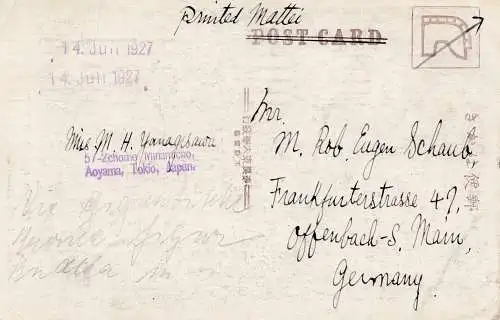 Japon 1927: post card Aoyama Tokyo to Offenbach