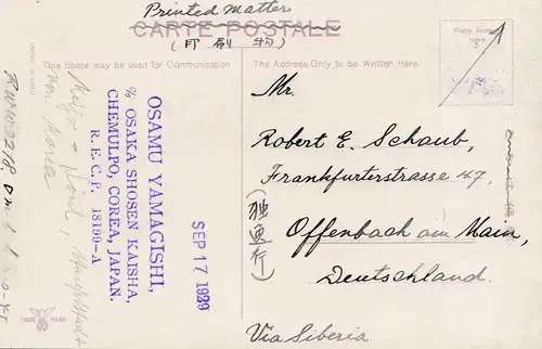 Japon post 1929: post carsd Jinsen, Chemulpo/Corea to Offenbach